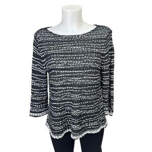 Eileen Fisher Black White Loose Open Knit 3/4 Sleeve Sweater Top Petite‎ small